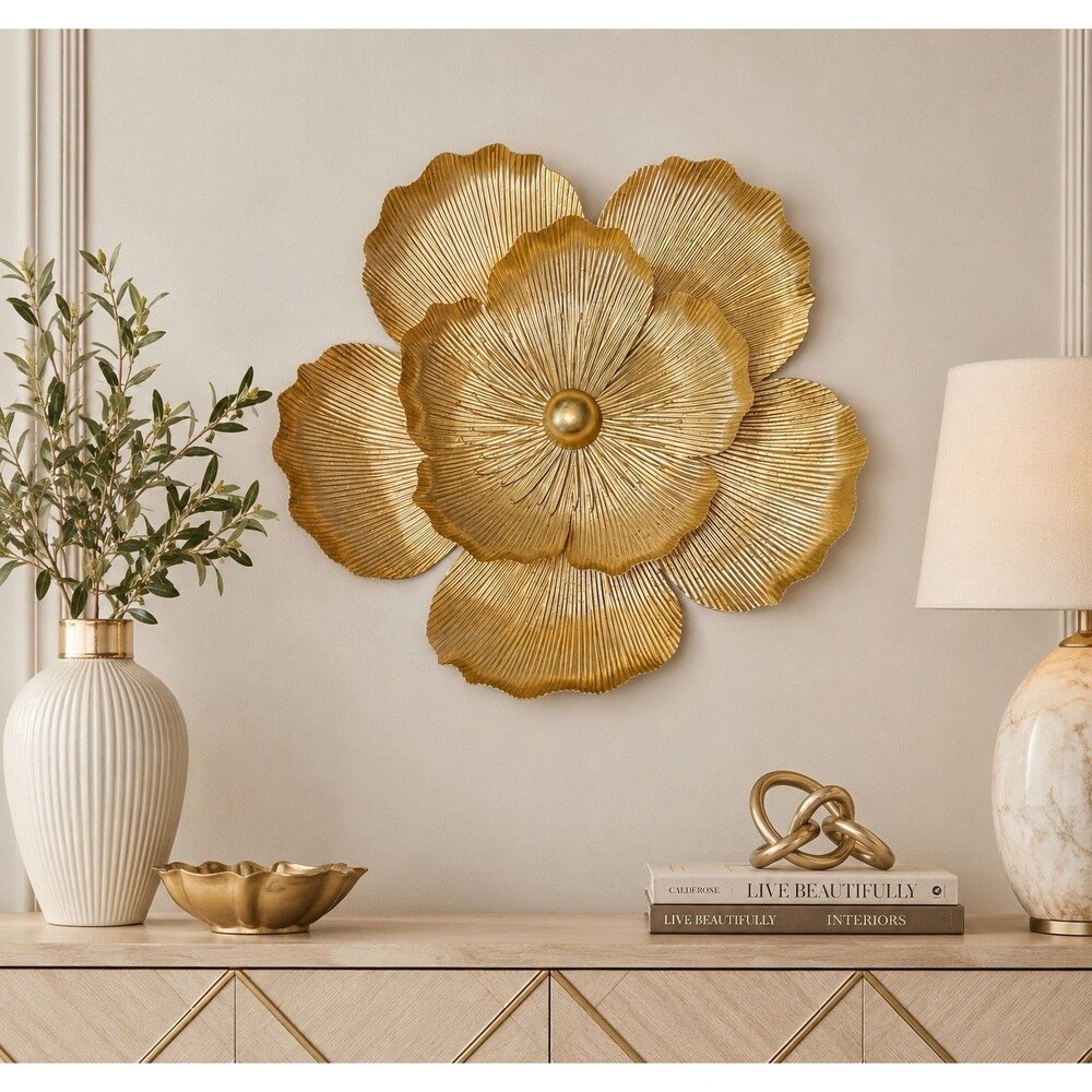Metal Brass Tone Flower Wall Hanging Decor, Decorative Metal Art, 19 Inch,